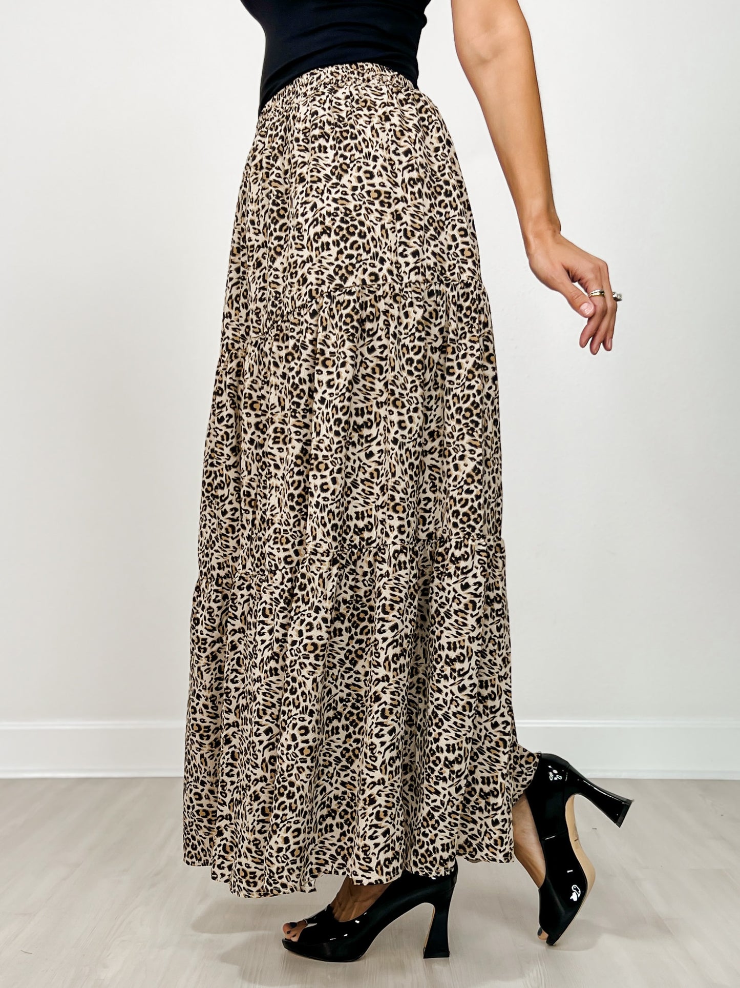 Leopard Print Lined Tiered Maxi Skirt