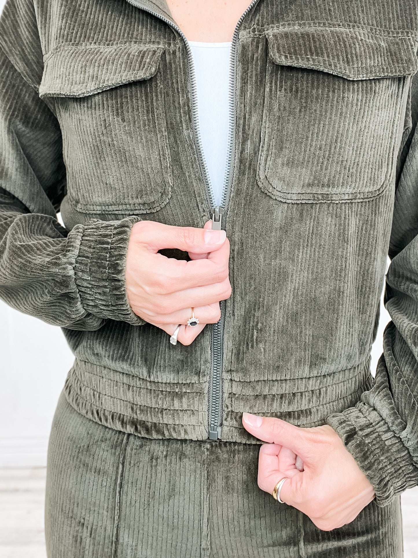 Corduroy Mock Neck Zip Up Jacket with Matching Pants in Cream