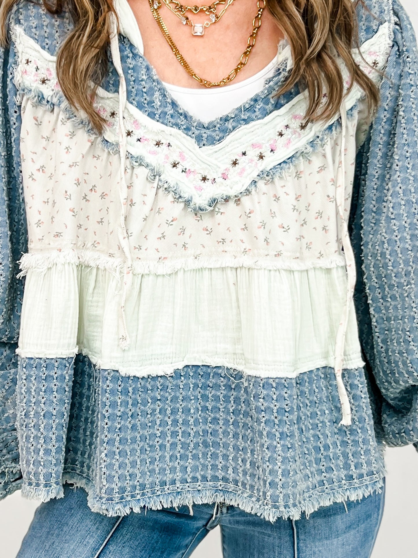 V-Neck Textured Balloon Sleeve Hooded Top
