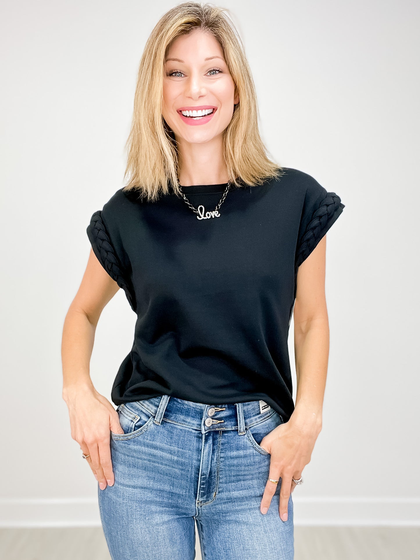 Round Neck Top with Braided Detail Cap Sleeves