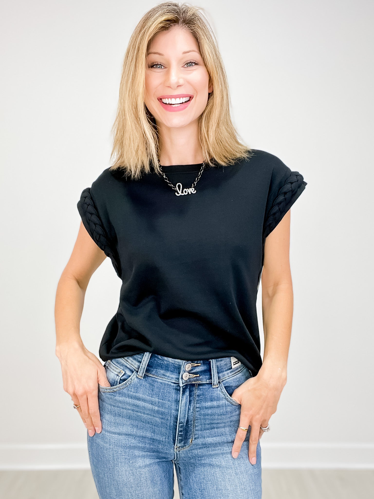 Round Neck Top with Braided Detail Cap Sleeves