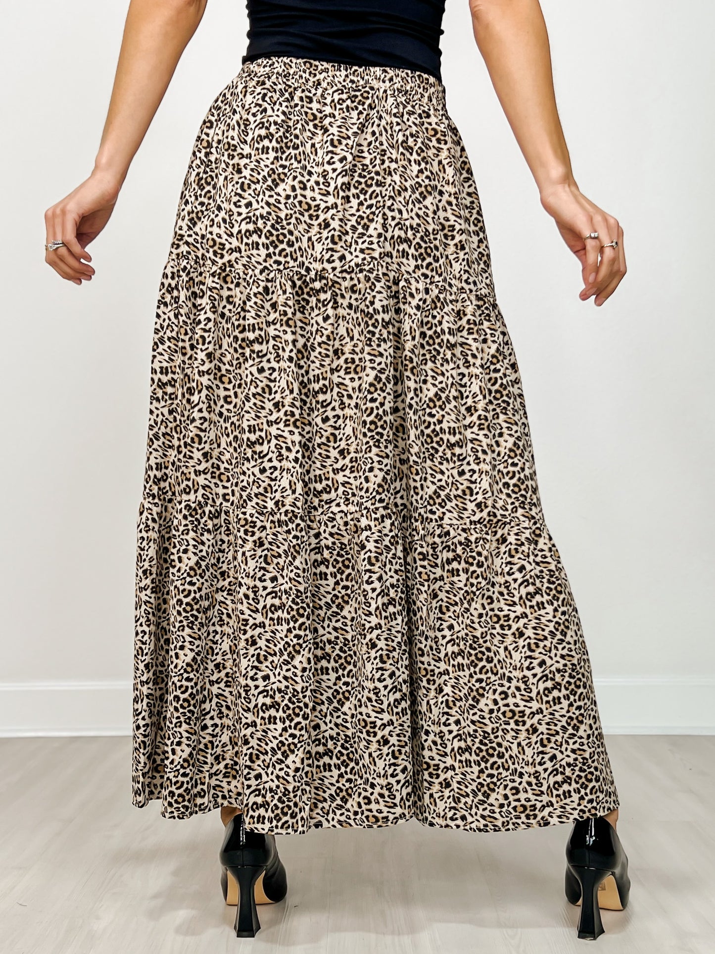 Leopard Print Lined Tiered Maxi Skirt