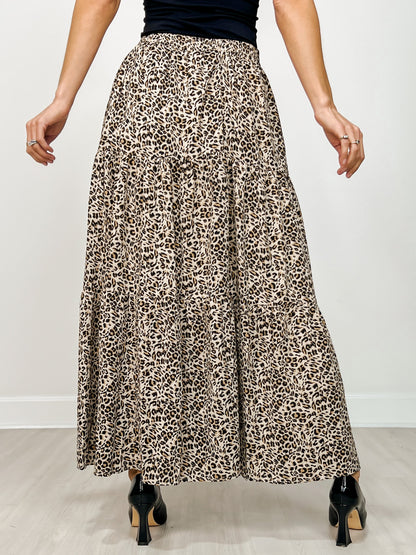 Leopard Print Lined Tiered Maxi Skirt