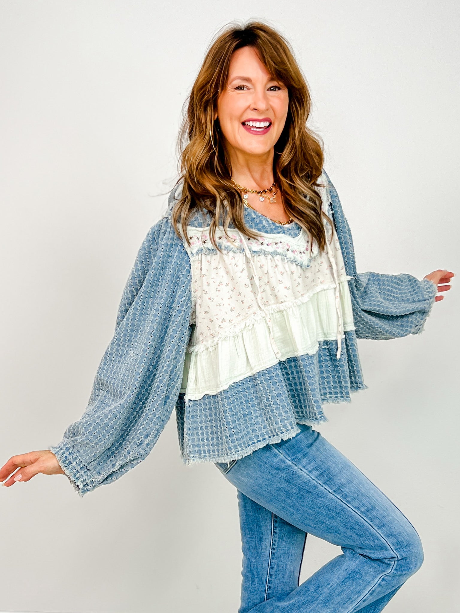 V-Neck Textured Balloon Sleeve Hooded Top