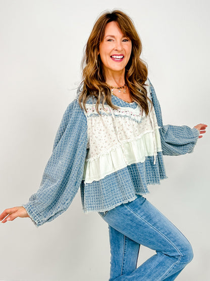 V-Neck Textured Balloon Sleeve Hooded Top