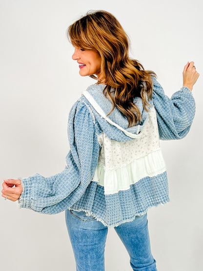 V-Neck Textured Balloon Sleeve Hooded Top