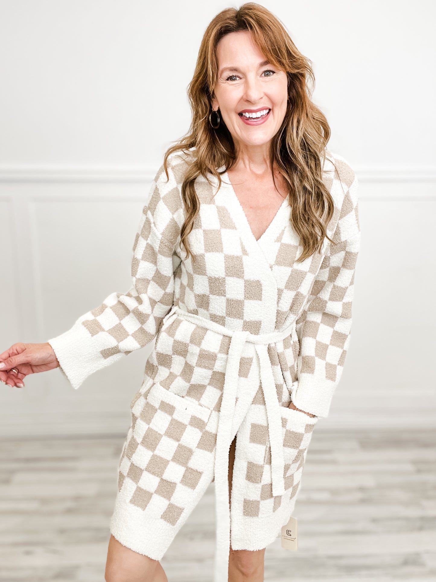 Checkered Pattern Luxury Soft Robe w/Pockets and Belt