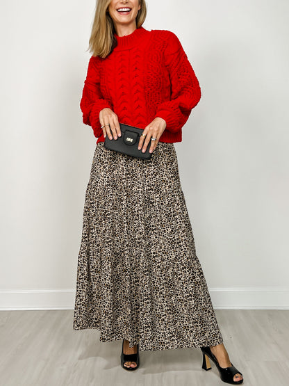 Leopard Print Lined Tiered Maxi Skirt