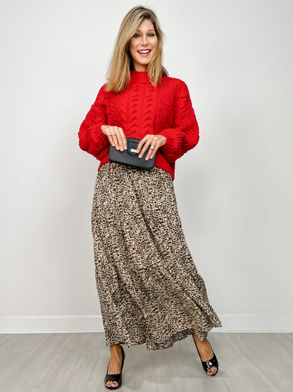 Leopard Print Lined Tiered Maxi Skirt