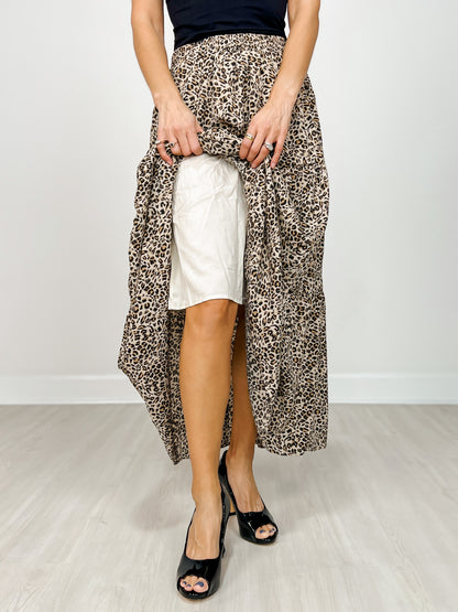 Leopard Print Lined Tiered Maxi Skirt