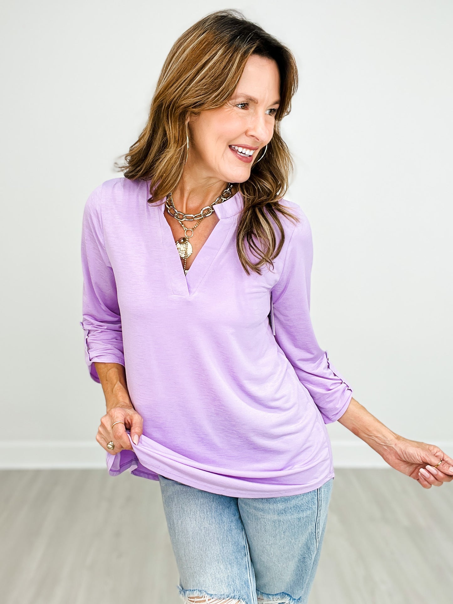 Lizzy 3/4" Sleeve Top with Mandarin Collar Split Neckline in Lilac