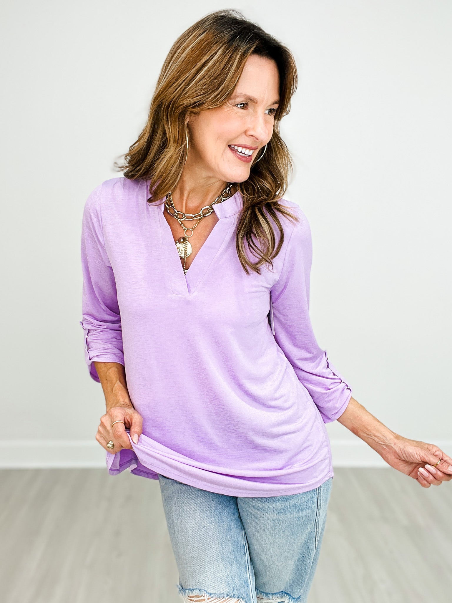 Lizzy 3/4" Sleeve Top with Mandarin Collar Split Neckline in Lilac