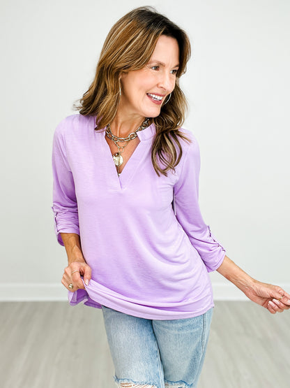 Lizzy 3/4" Sleeve Top with Mandarin Collar Split Neckline in Lilac