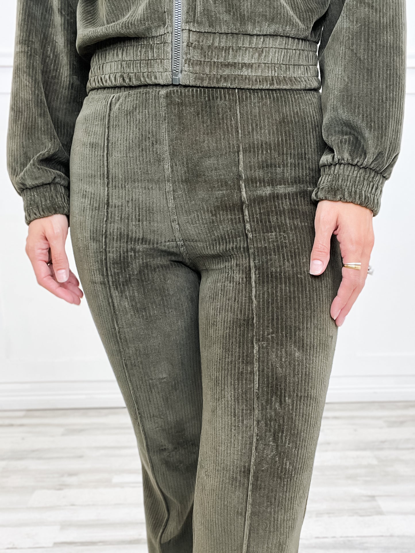 Corduroy Mock Neck Zip Up Jacket with Matching Pants in Dusty Khaki