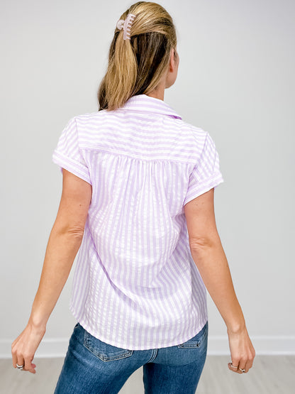 Roll Tap Short Sleeve Seersucker Striped Top
