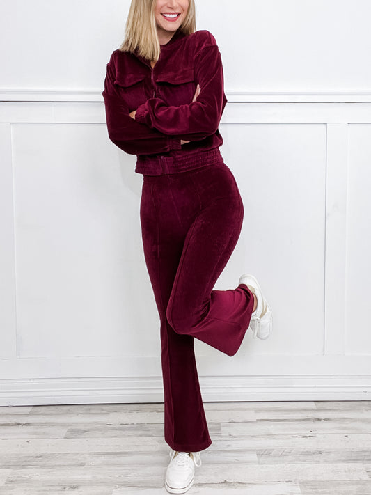 Corduroy Mock Neck Zip Up Jacket with Matching Pants in Burgundy