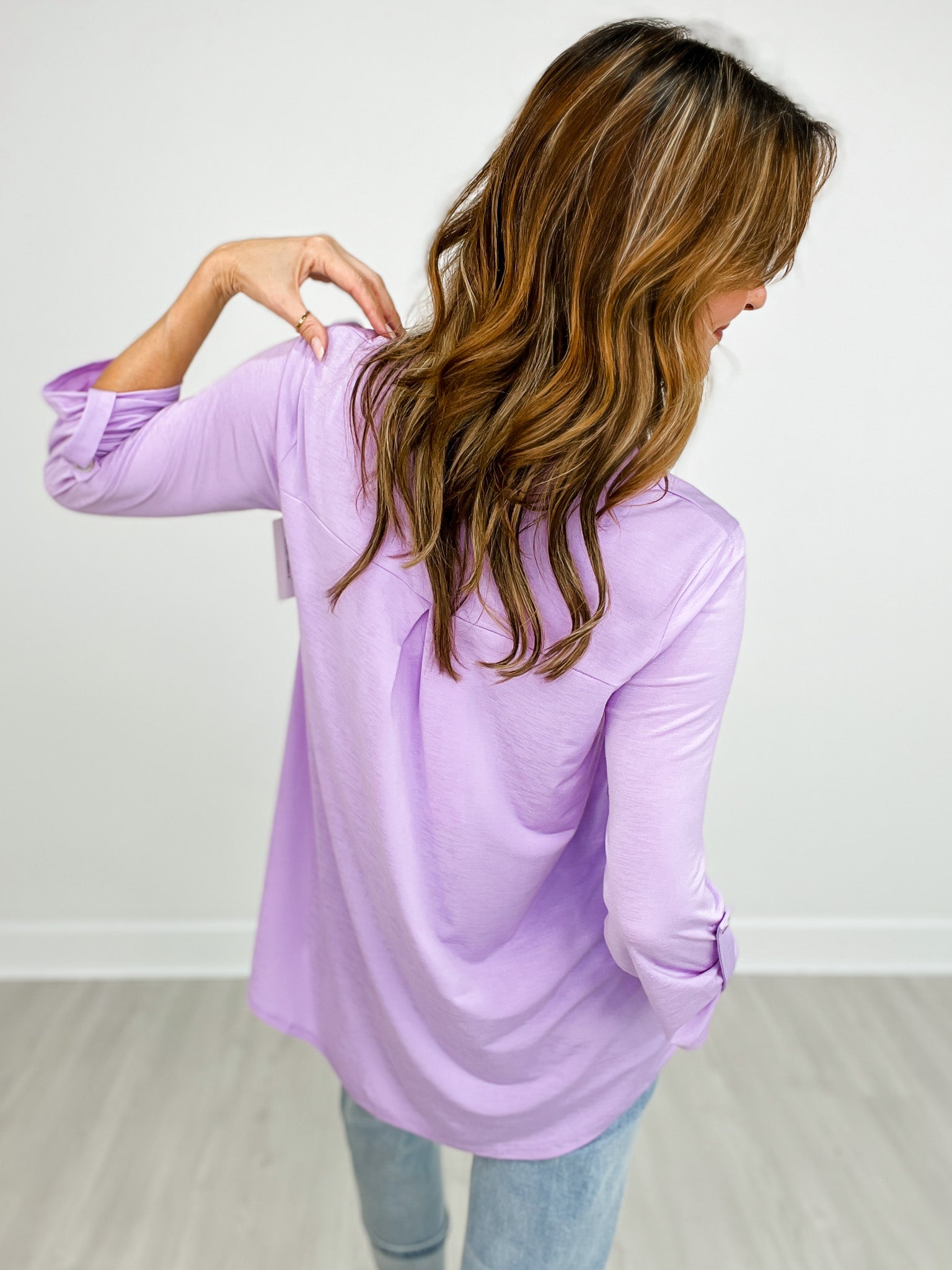 Lizzy 3/4" Sleeve Top with Mandarin Collar Split Neckline in Lilac