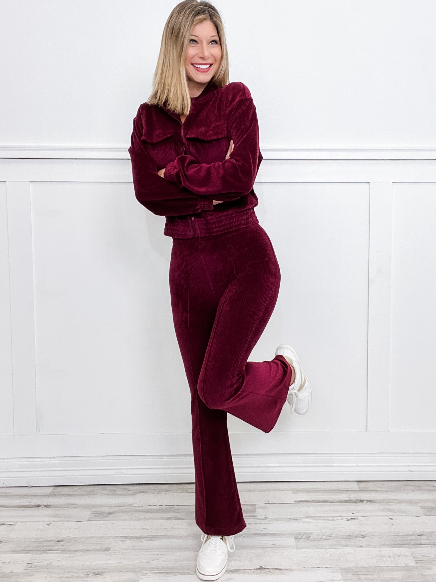 Corduroy Mock Neck Zip Up Jacket with Matching Pants in Burgundy