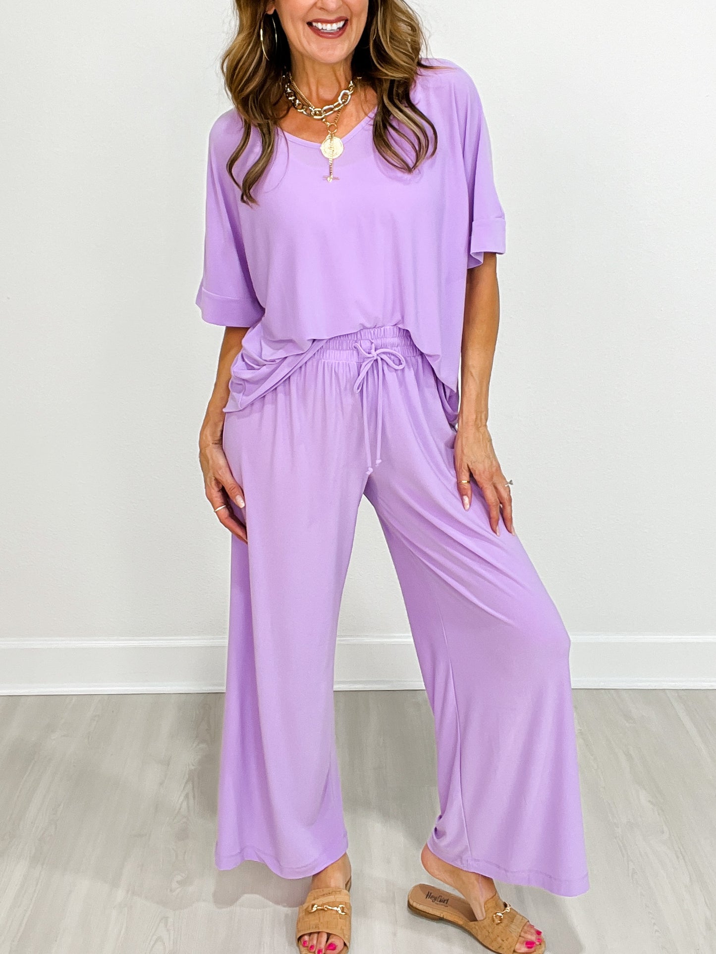Cabana V-Neckline Tunic Top with Loose Wide Leg Pants Set in Lilac