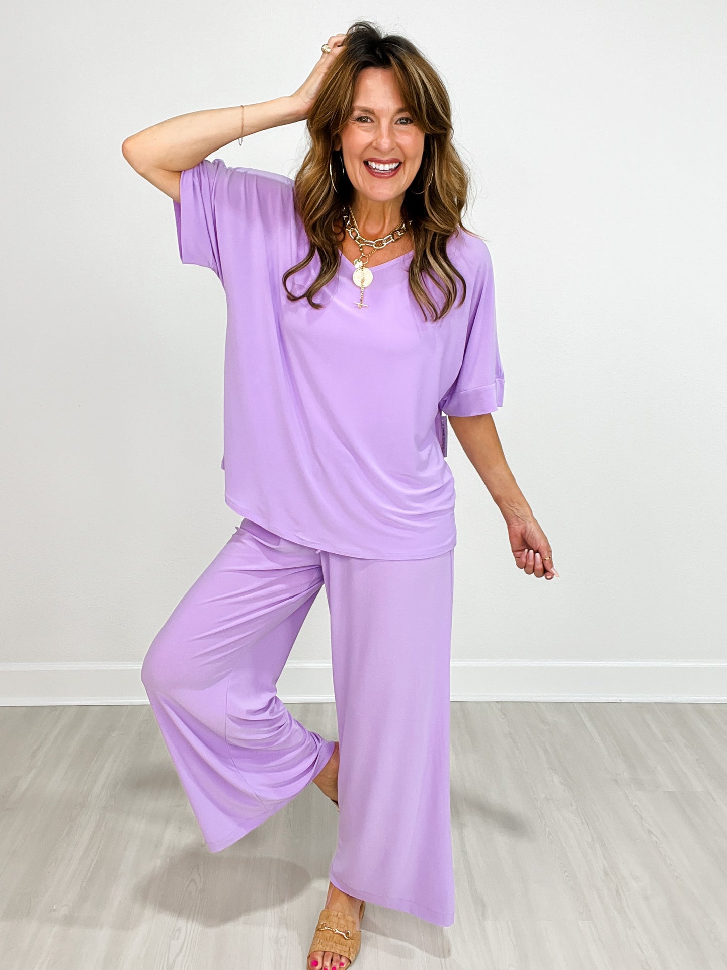 Cabana V-Neckline Tunic Top with Loose Wide Leg Pants Set in Lilac