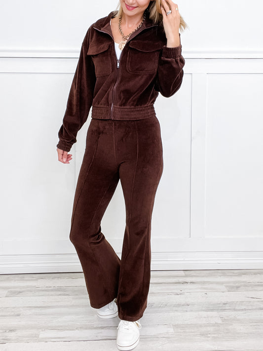 Corduroy Mock Neck Zip Up Jacket with Matching Pants in Brown