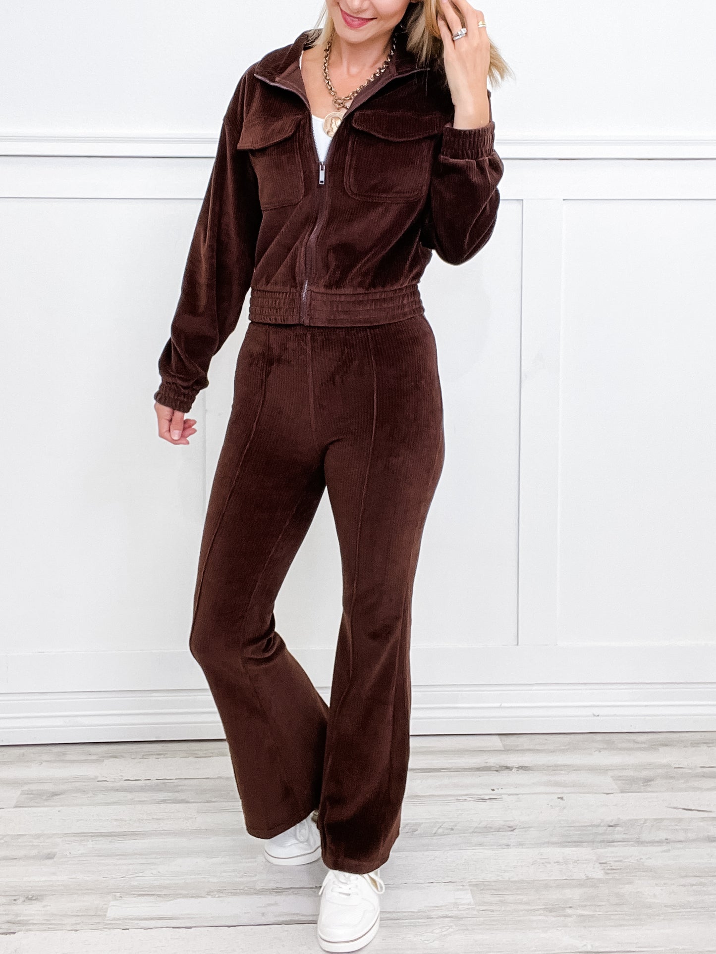 Corduroy Mock Neck Zip Up Jacket with Matching Pants in Brown