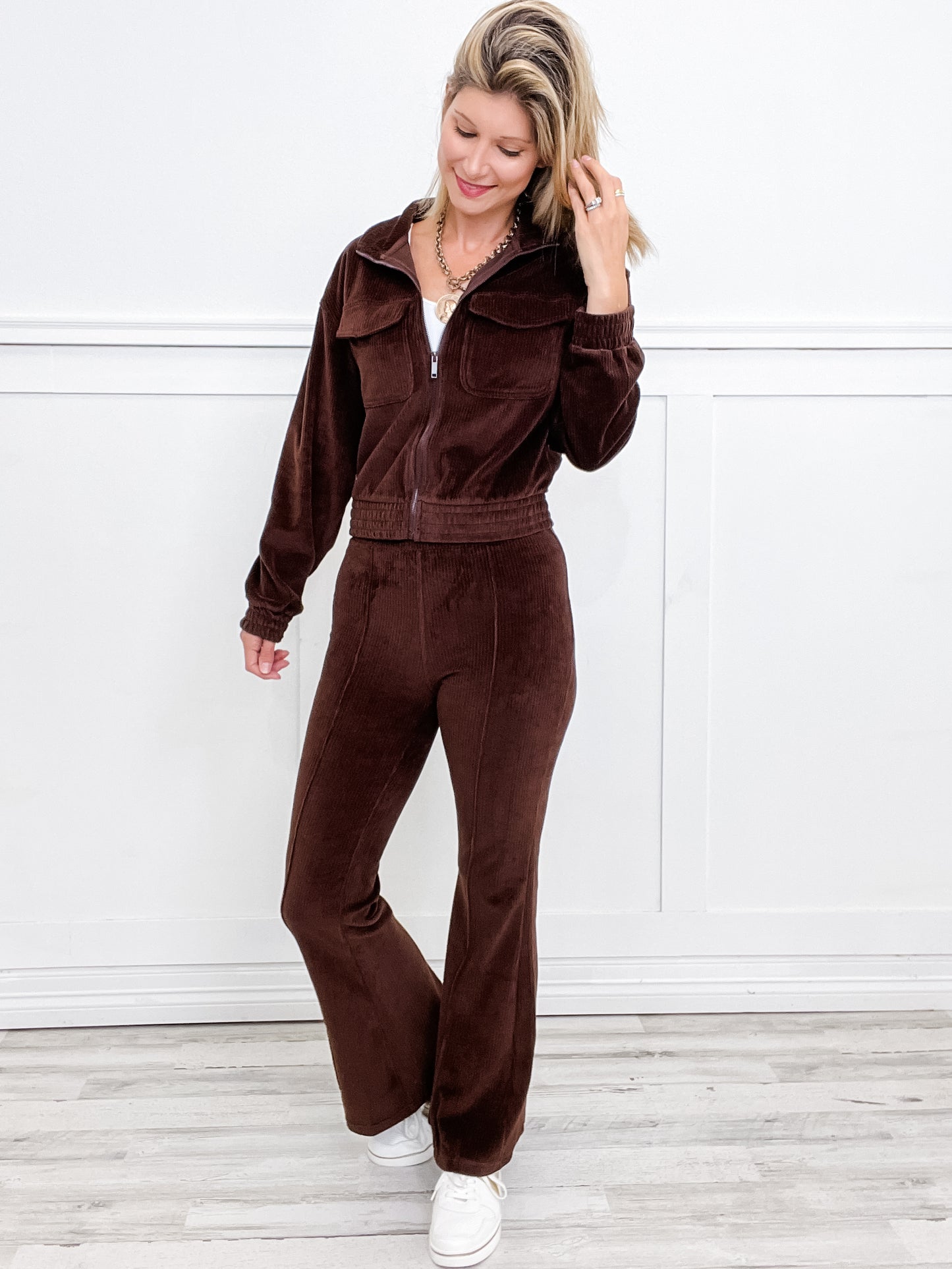 Corduroy Mock Neck Zip Up Jacket with Matching Pants in Brown