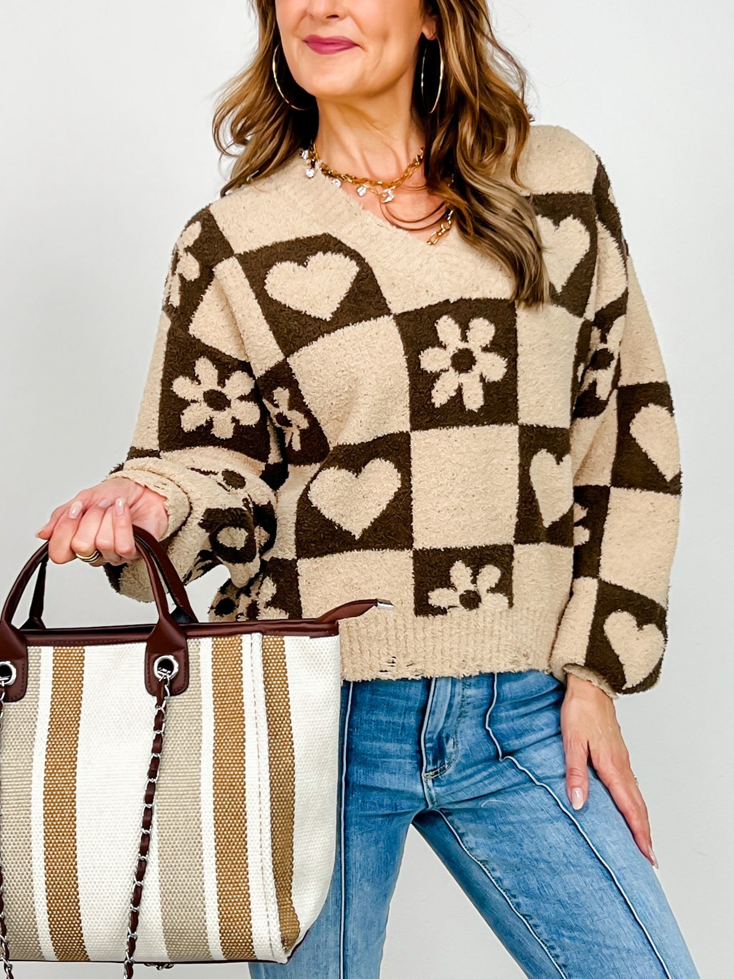 Heart and Flower Print V-Neck Sweater Top