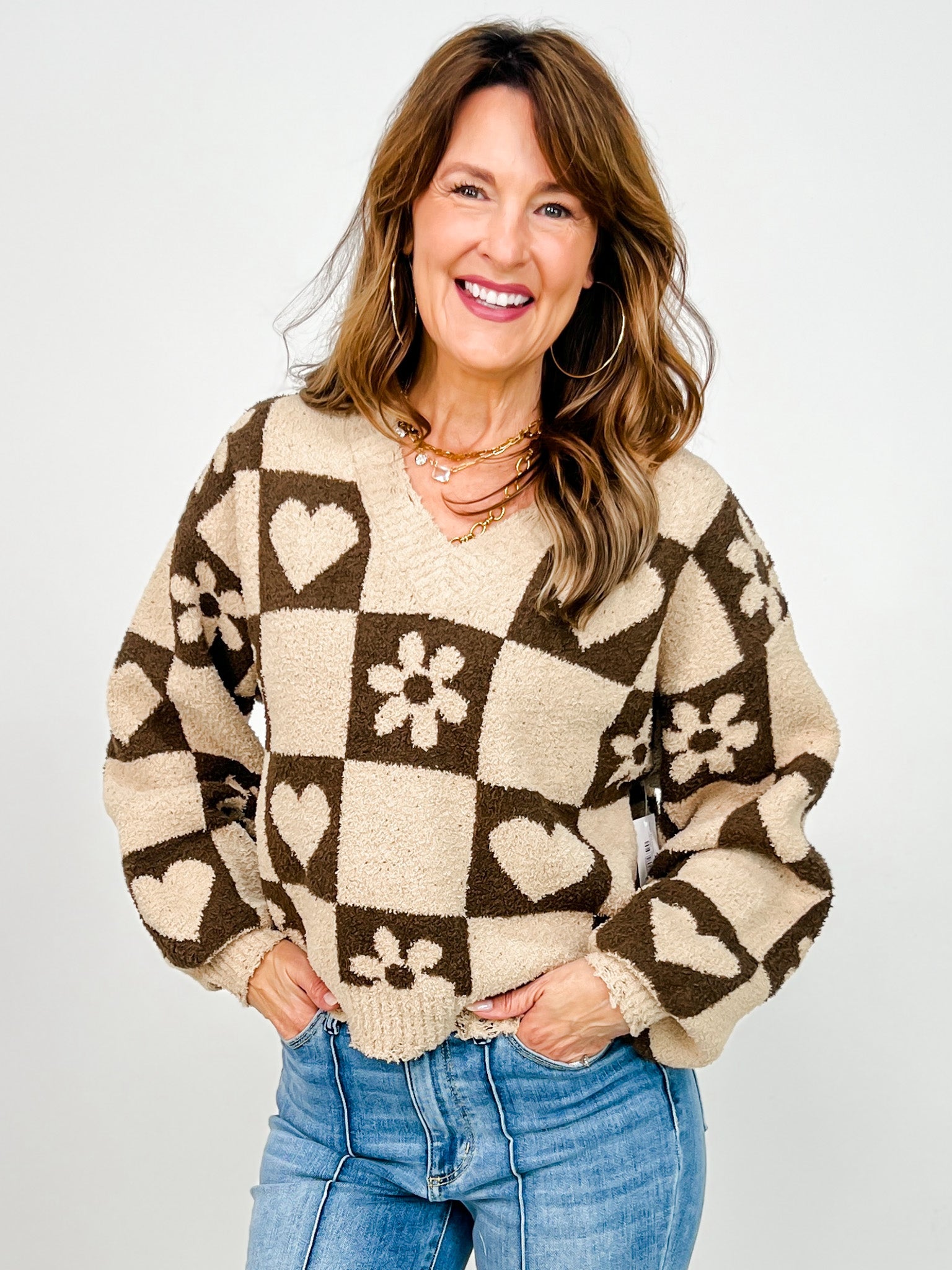 Heart and Flower Print V-Neck Sweater Top