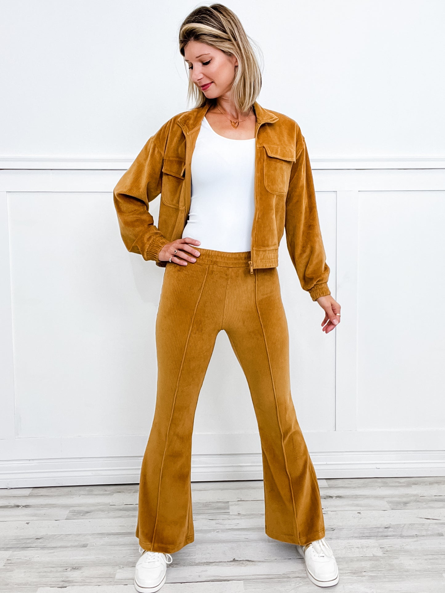 Corduroy Mock Neck Zip Up Jacket with Matching Pants in Dusty Khaki