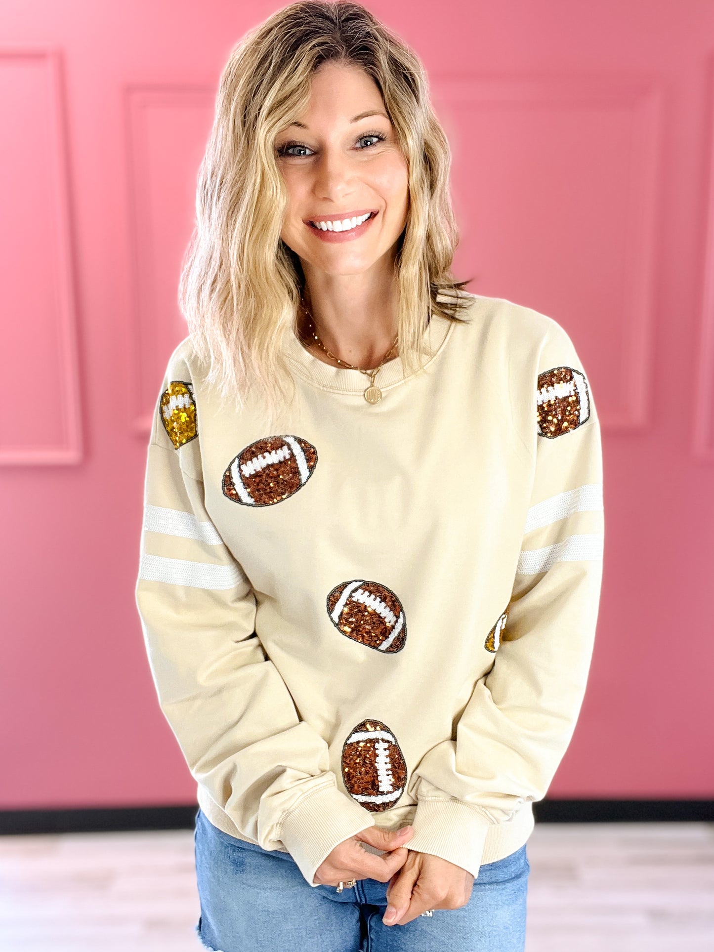 Classy Even After Kickoff Long Sleeve Sequin Football Pullover Top