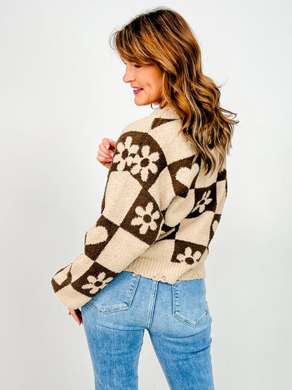 Heart and Flower Print V-Neck Sweater Top