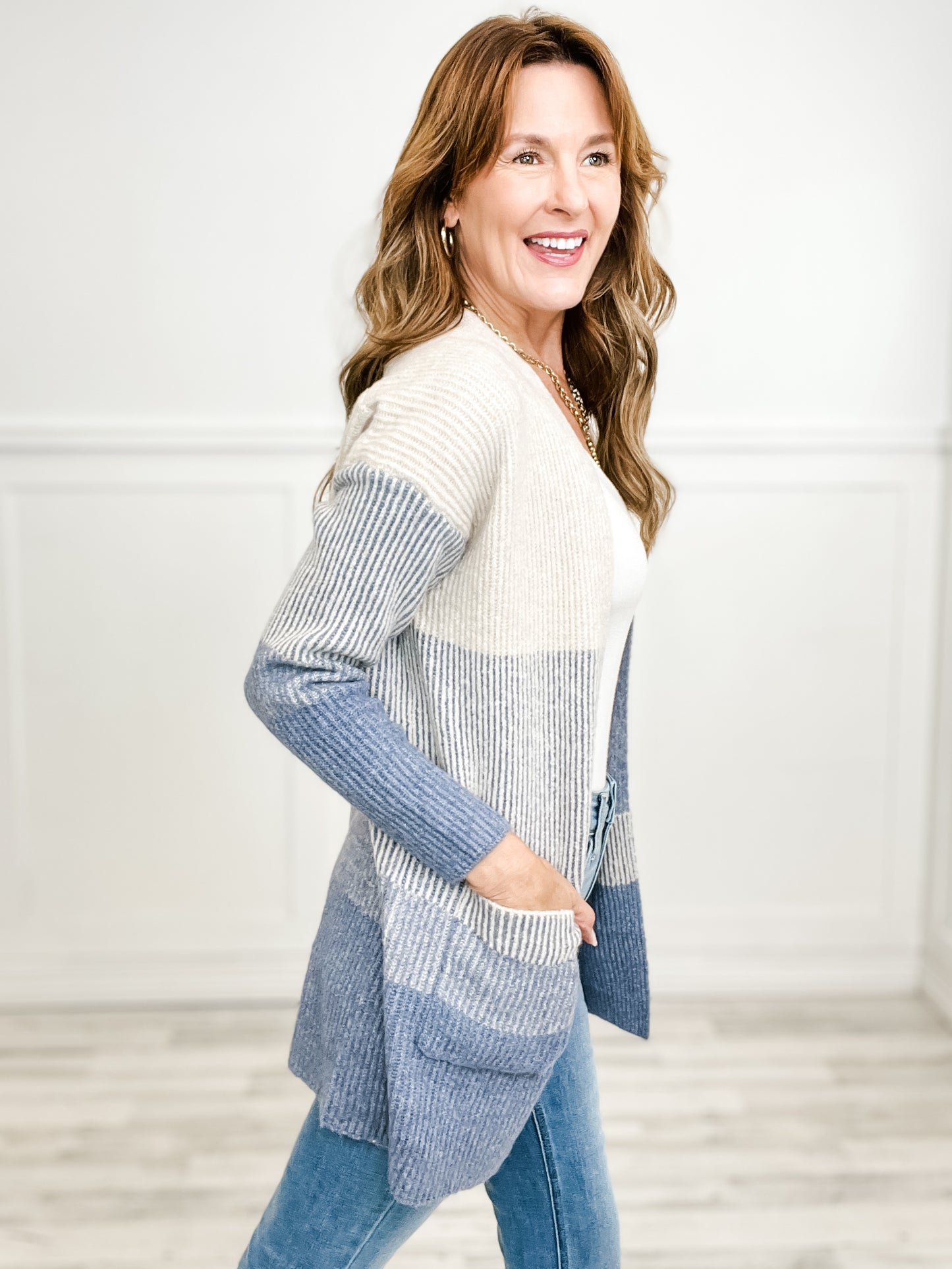 Ribbed Color Block Super Soft Yard Open Front Cardigan in Indigo