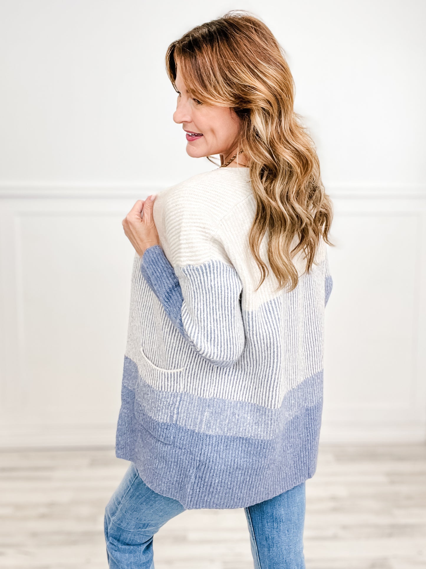 Ribbed Color Block Super Soft Yard Open Front Cardigan in Indigo