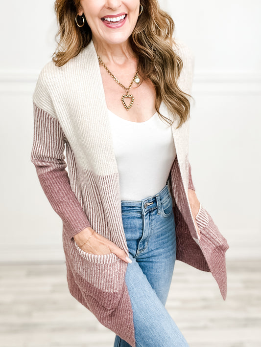 Ribbed Color Block Super Soft Yard Open Front Cardigan in Dark Mauve