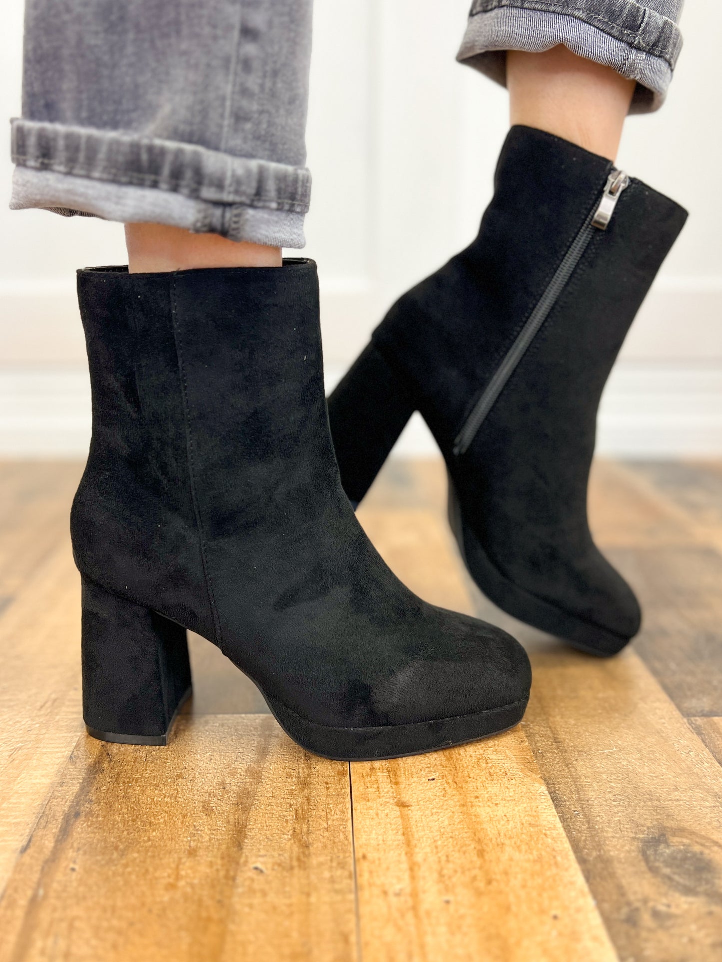 Corkys Slug Bug Block Heel Boots in Black Suede