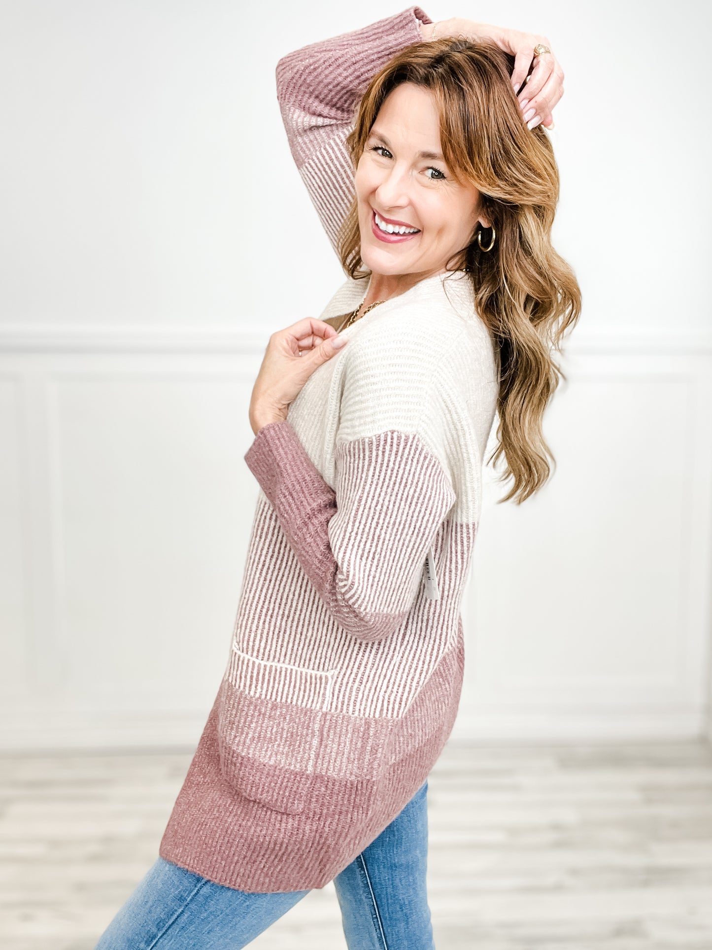 Ribbed Color Block Super Soft Yard Open Front Cardigan in Dark Mauve