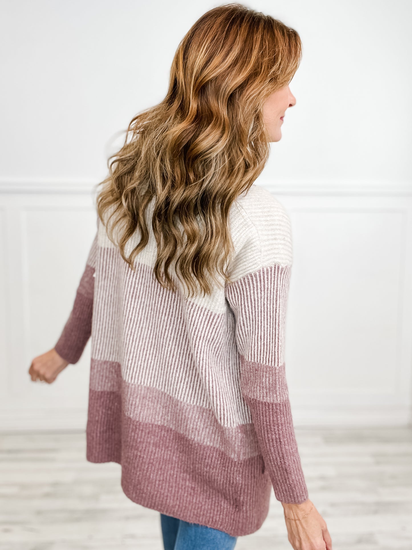 Ribbed Color Block Super Soft Yard Open Front Cardigan in Dark Mauve