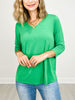V-Neck Poly Blend 3/4" Sleeve Top in Kelly Green