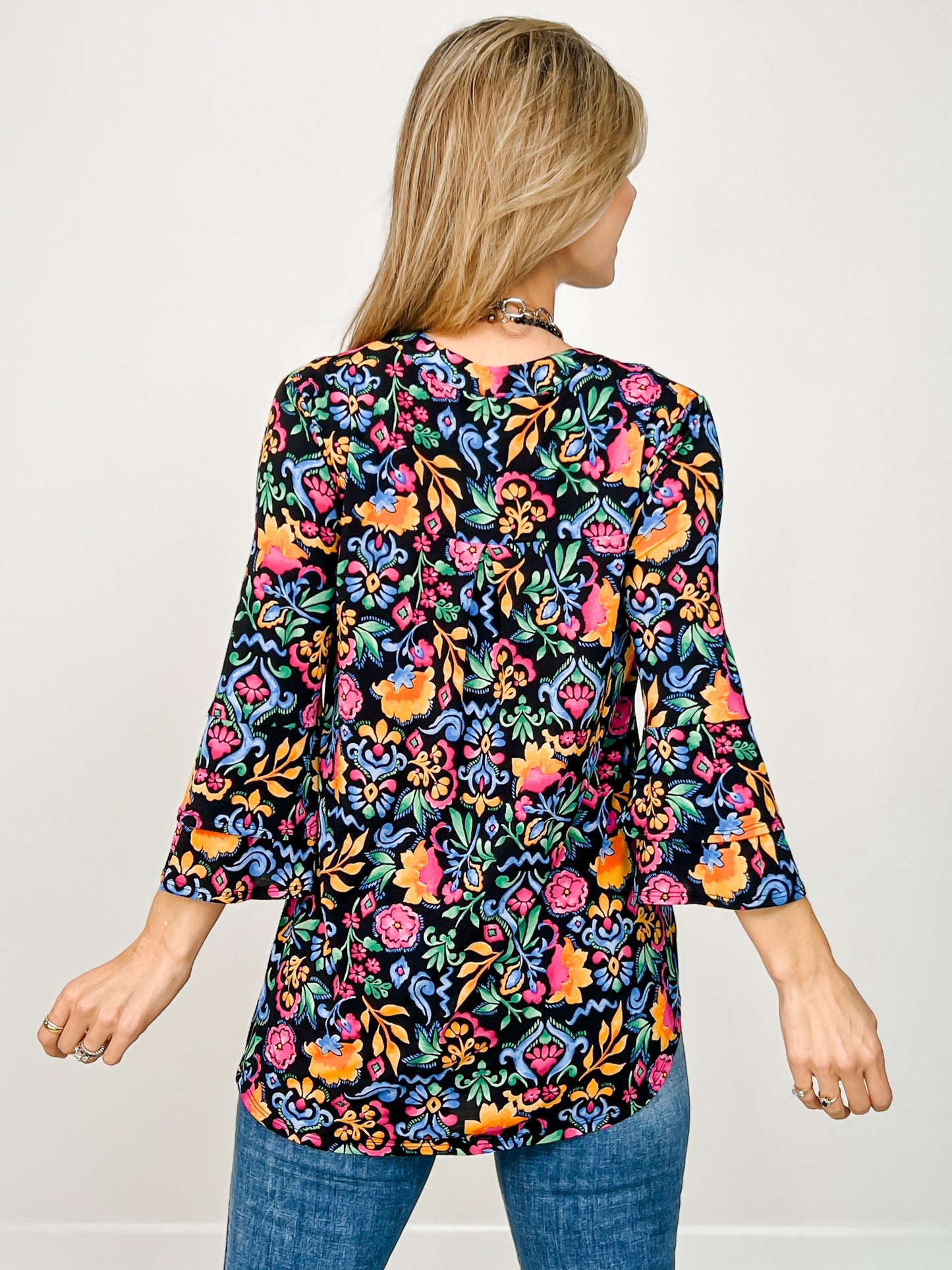 Lizzy 3/4 Bell Sleeve Top in Black Floral Print