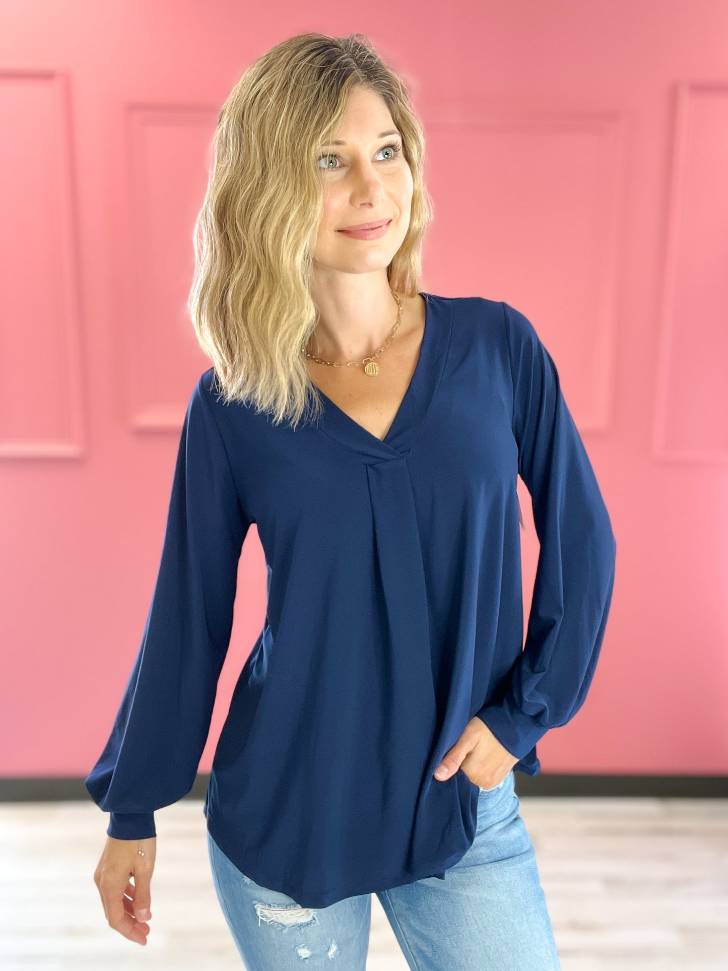 All My Life Solid Knit V-Neck Top with Pleated Detail