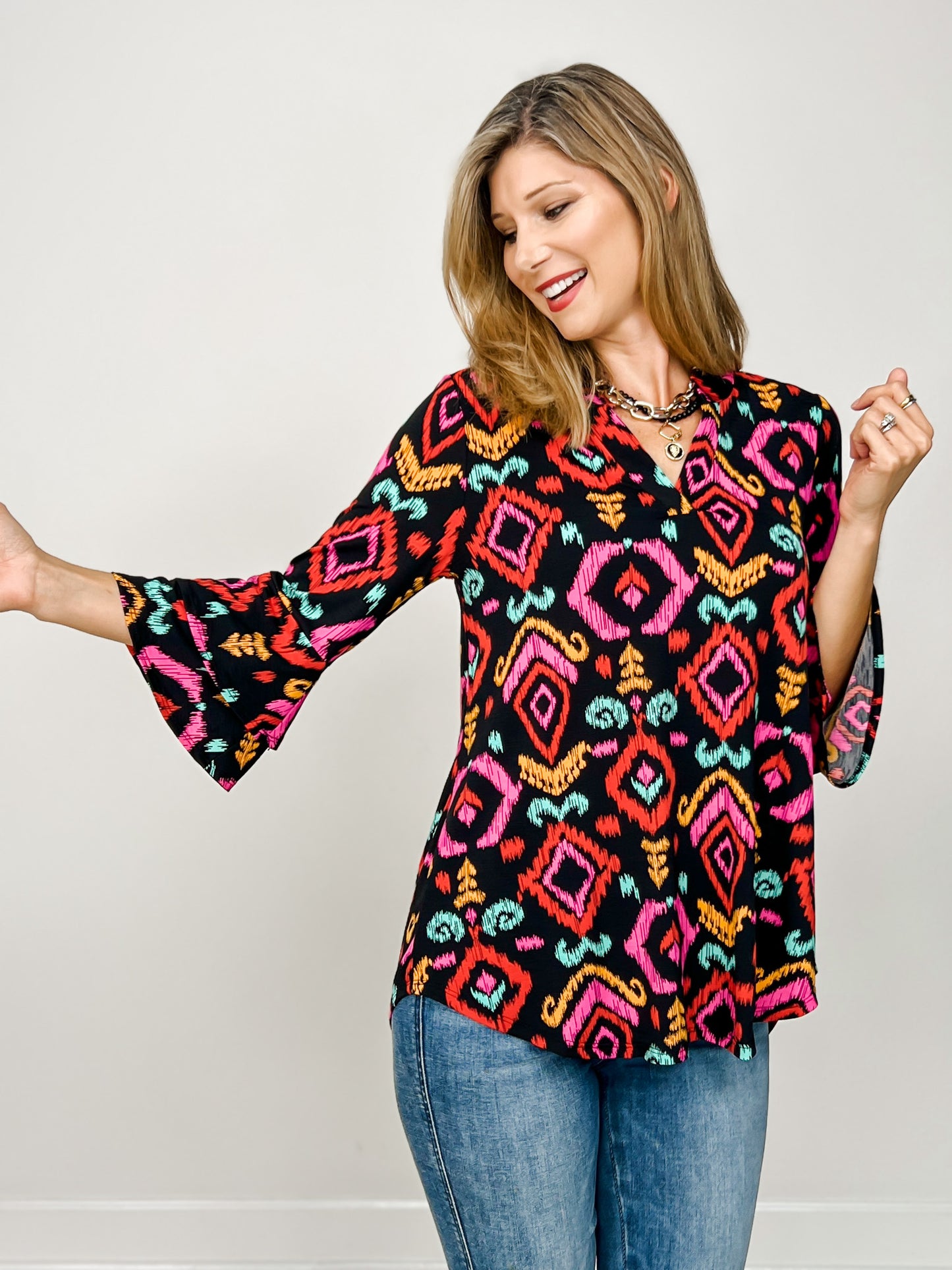 Lizzy 3/4 Bell Sleeve Top in Black Aztec Print