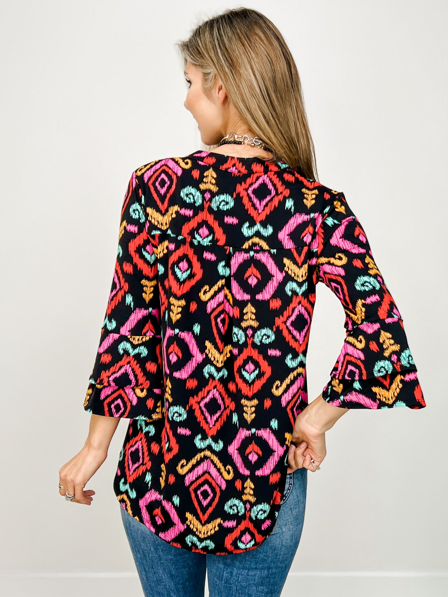 Lizzy 3/4 Bell Sleeve Top in Black Aztec Print