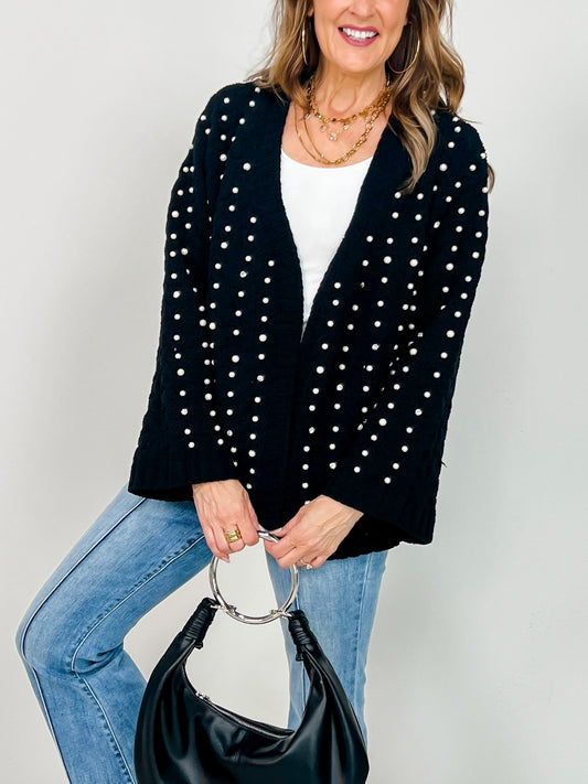 Open Cardigan Chenille Sweater with Pearl Detail