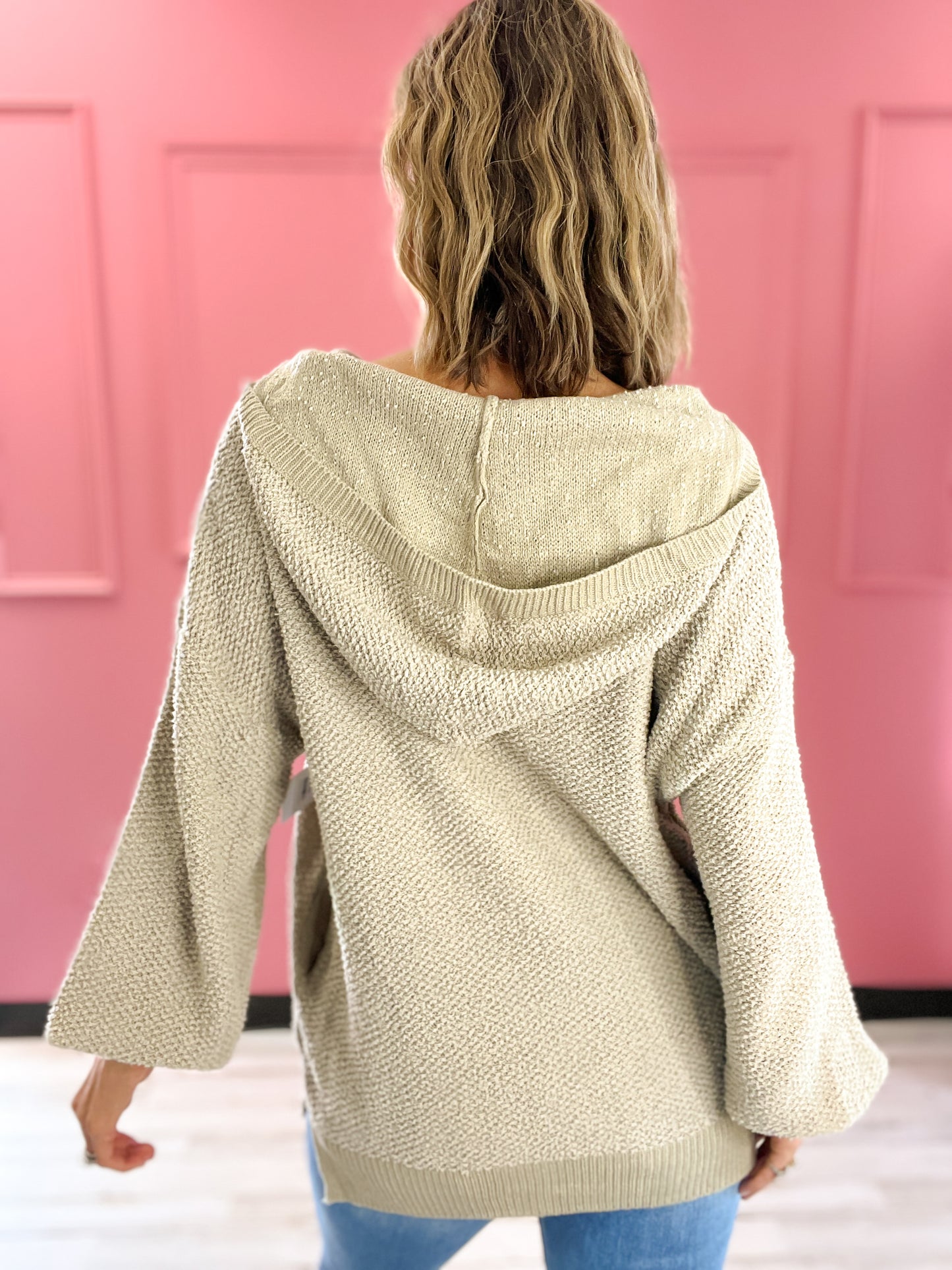 Fall Vibing Popcorn Textured V-Neck Hooded Sweater Top