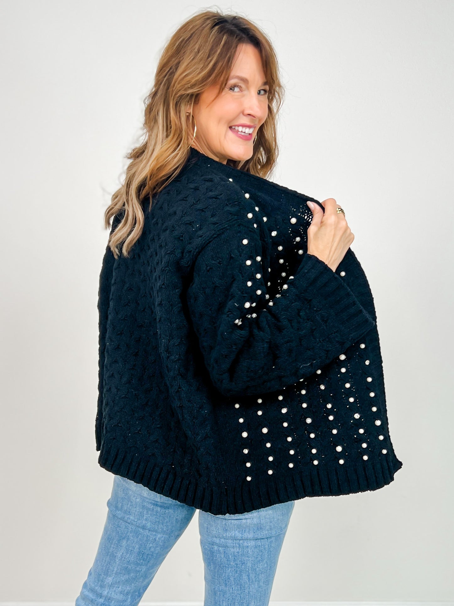 Open Cardigan Chenille Sweater with Pearl Detail