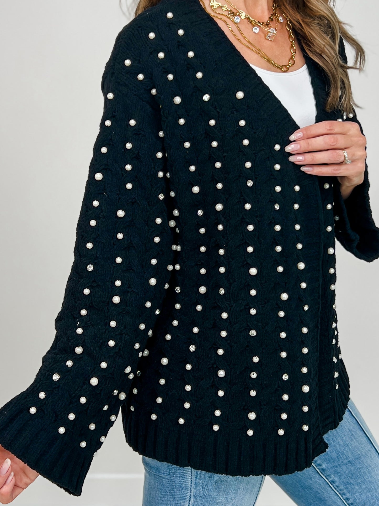 Open Cardigan Chenille Sweater with Pearl Detail