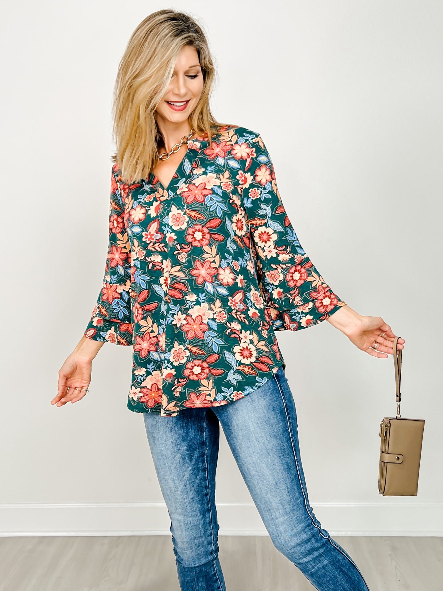 Lizzy 3/4 Bell Sleeve Top in Hunter Green Floral Print