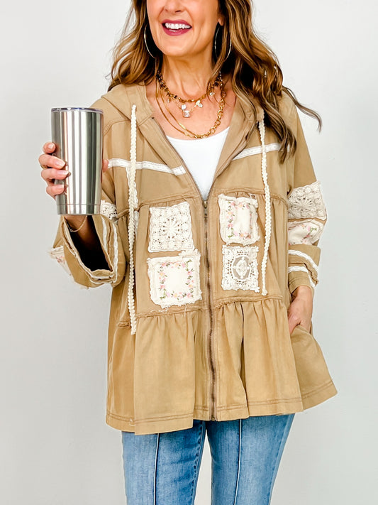 Three Quarter Sleeve Flared Body Hooded Jacket