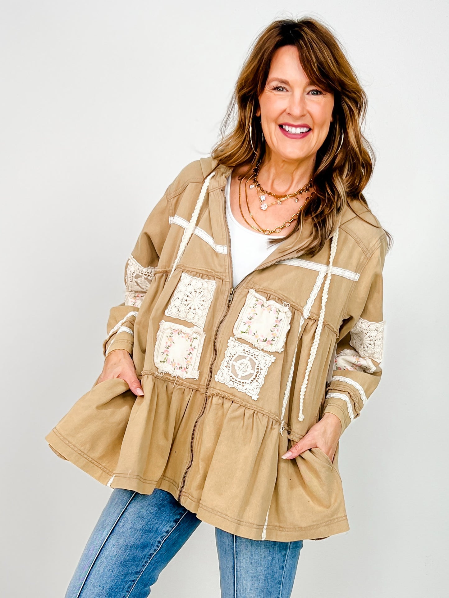 Three Quarter Sleeve Flared Body Hooded Jacket